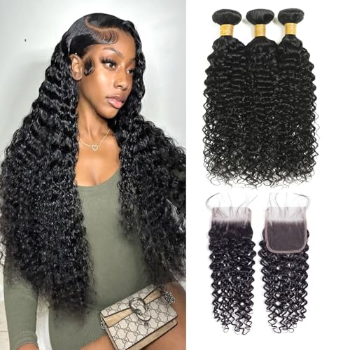 Water Wave Bundles with Closure Human Hair Wet and Wavy 22 24 26 inch 100% Unprocessed Virgin Human Hair Bundles with 18 inch Closure 5x5 Lace Free Part