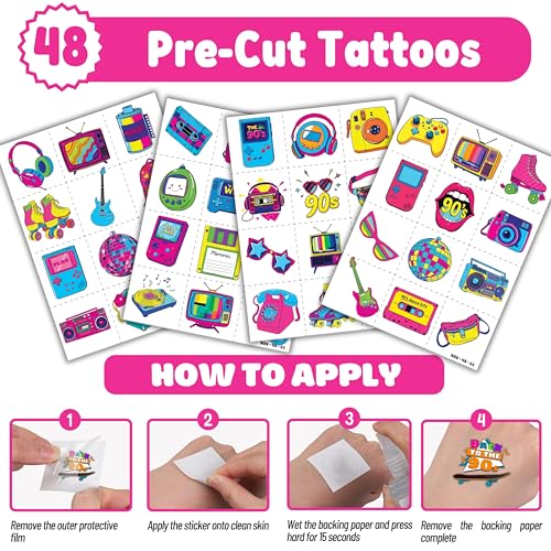 72PCS 80s, 90s Party Set - 48PCS Temporary Tattoos & 24PCS Slap Bracelets - Retro-Themed Birthday Supplies, Baby Shower Gifts, Classroom Rewards & Party Decor for Kids (Boys & Girls)