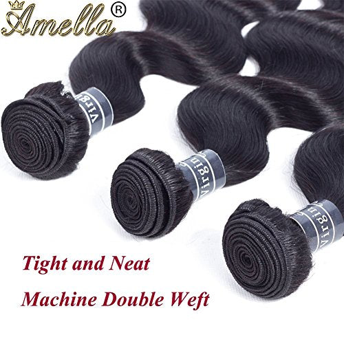 Amella Hair 8A Brazilian Body Wave Bundles - 3 Pack 100% Unprocessed Virgin Human Hair Weave - Natural Black (22, 24, 24)