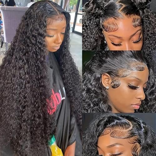 30 Inch Water Wave Lace Front Wigs Human Hair 13x6 HD Full Lace Frontal Wigs 200 Density Pre Plucked Wet and Wavy Glueless Deep Curly Human Hair Wigs for Black Women Natural Black