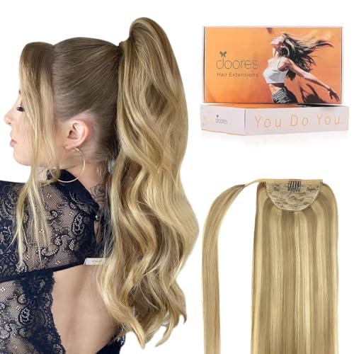 DOORES Human Hair Extensions Ponytail Extension Balayage Light Blonde Highlighted Golden Blonde 20 Inch 90g Clip in Hair Extensions Wrap Around Clip in Straight Ponytail Hair Piece with Magic Paste