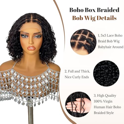 Munx Boho Braided Bob Wig Deep Curly 5x5 Lace Closure with Braided Bob Wigs HD Lace Front Pre Plucked 100% Human Hair 200% Density Square Knotless Boho Box Braiding Wig for Black Women 12in