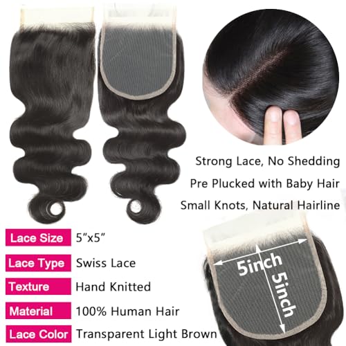 Body Wave Human Hair Bundles with Closure (22 24 26+18) 5x5 HD Closure with Bundles Human Hair 3 Weave Bundles with Closure Brazilian 100% Unprocessed Virgin Weft Hair Free Part