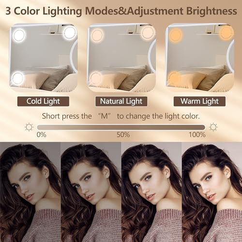 Lighted Makeup Mirror, 14"x 12" Hollywood Vanity Mirror with 9 LED Bulbs, 3 Color Lights, and Detachable 10X Magnification Mirror, 1200mAh Rechargeable, Touch Control, 360¡ÆRotation (White)