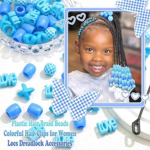 NAISKA 60Pcs Loc Hair Beads Dreadlock Jewelry for Braid Multi Shape Blue Beads Hair Clips Dreadlock Accessories Acrylic Hair Tube Decoration Hair Cuffs Rings for Women and Girls