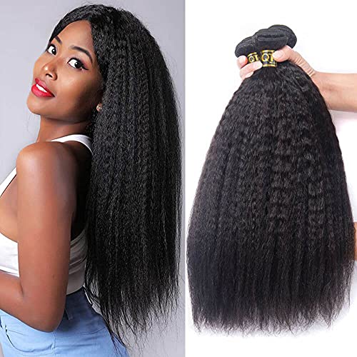 QTHAIR 16A Brazilian Kinky Straight (20 22 24inch) Yaki Straight Human Hair 3 Bundles 100% Unprocessed Brazilian Virgin Human Hair Bundles Natural Color
