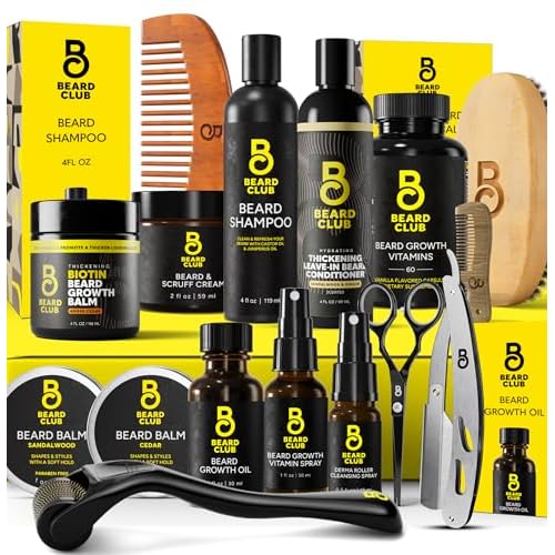 The Beard Club Ultimate Beard Growth Kit - Derma Roller, Growth Oil, Vitamins, Vitamin Spray, Biotin Balm, Conditioner, Cream, Balms, Shampoo, Razor, Scissors, Combs, Brush, Cleansing Spray - Gift Set