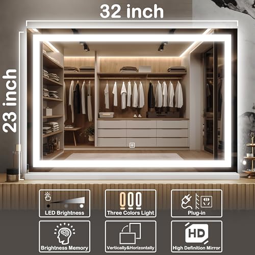 FENNIO Large Vanity Mirror with Lights£¬32" x 22"Lighted Makeup Mirror, Large Makeup Mirror with Lights, Touch Sensor with Dimmable 3 Modes£¬ Vanity Mirror Square White