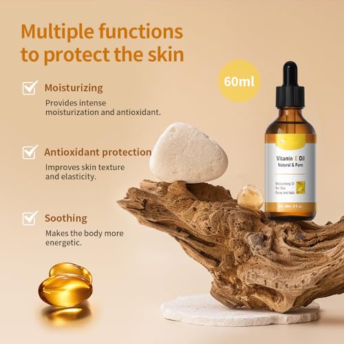 Organic Vitamin E Oil, Natural & Pure Moisturising Oil for Skin, Face, Nail, Hair, Improves Skin Texture and Elasticity, Reduce Dullness, Aging (1)