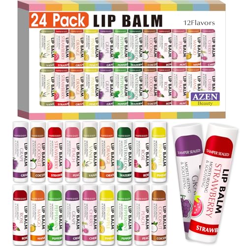 AZEN 24 Pack Lip Balm, Natural Lip Balm Bulk, Lip Care Product, Moisturizing Lip Balms for dry cracked lips - 12 Flavors