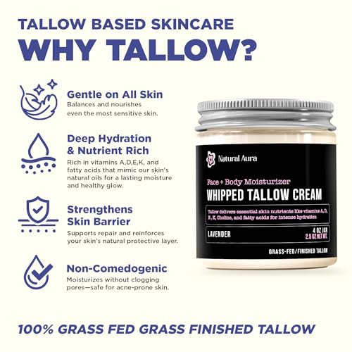 Whipped Beef Tallow for Skin - Face + Body Moisturizer, 100% Grass Fed Grass Finished Tallow and Honey Balm for Dry Skin - Natural Lotion - Free of Harsh Chemicals - 4oz, (Lavender)