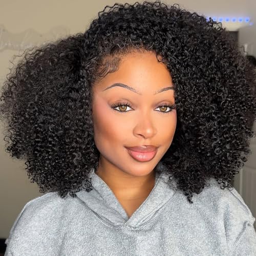 V SHOW Afro Curly 3 In 1 Half Wig Human Hair Elastic Drawstring Wear Go Glueless Kinky Curly Human Hair Half Wigs Friendly To Beginners 180% Density Natural Hairline Flip Over Wig 16Inch