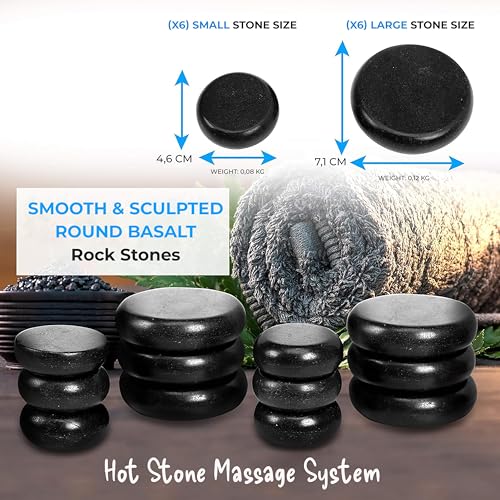 SereneLife Massage Stone Heater Box Set-Electric Spa Portable Heated Rocks Massage Stones and Warmer Set - Heat Rock Massaging Kit 12 Large/Small Black Stone Set w/Bamboo Heating Case PSLMSGST65.5