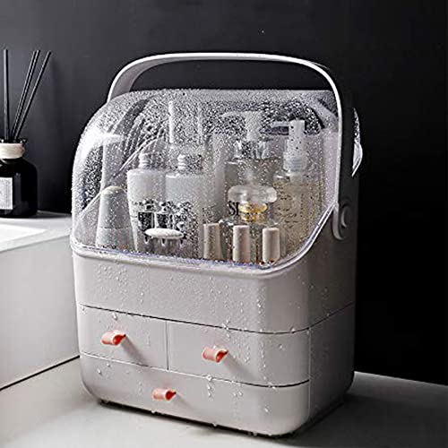 LINFIDITE Cosmetic Storage Box with Lid Waterproof&Dustproof Makeup Organizer Box Portable Handle,Large Makeup Display Case with Drawers Fully Open Lid,Great for Bathroom Countertop Bedroom Dresser