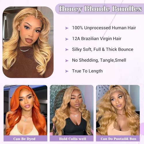 27# Honey Blonde Body Wave Bundles 100% Real Human Hair Bundles 20 22 24 Inch For Quick Weave Double Weft Can Be Dyed and Restyled