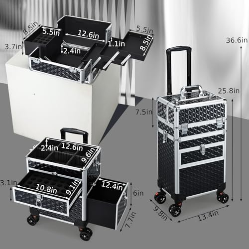 Joligrace Large Rolling Makeup Train Case with Foot-Brake Wheels, Removable Shoulder-Strap Makeup Carrying Case, Adjustable Compartments, Built-in Nail Polish Drawer, and Detachable Drawer