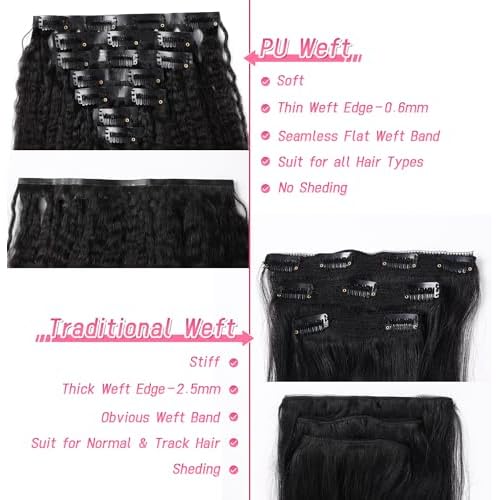 Essent Seamless Kinky Straight Clip in Hair Extensions Real Human Hair 22 Inch 7Pcs 130g Kinky Clip Ins Full Head Brazilian Remy Hair Extensions for Women Natural Black Double Weft Clip In