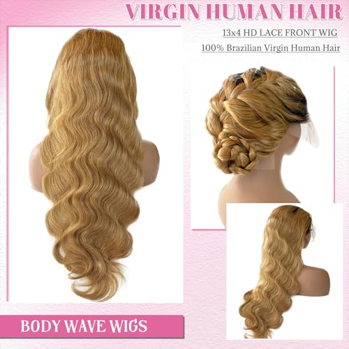 Body Wave Natural Black to Honey Blonde Lace Front Wigs Human Hair Pre Plucked 32 Inch 1B27 Curly Wave Free Part 13x4 HD Transparent Lace Frontal Glueless Wigs Human Hair for Black Women Bleached Knot