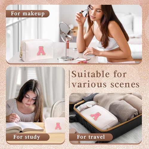 Initial Makeup Bag Personalized Preppy Cosmetic Bag Travelling Toiletry Bag Waterproof PU for Teenage Girls Women (white A)