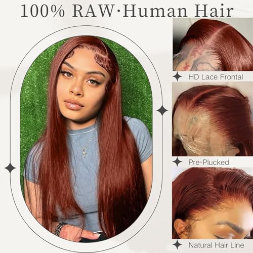 Reddish Brown Lace Front Wigs Human Hair 28 Inch Straight Auburn Brown Lace Wig Human Hair Colored Wigs Pre Plucked Glueless 13x4 HD Transparent Lace Full Fontal Human Hair Wig for Women 180 Density