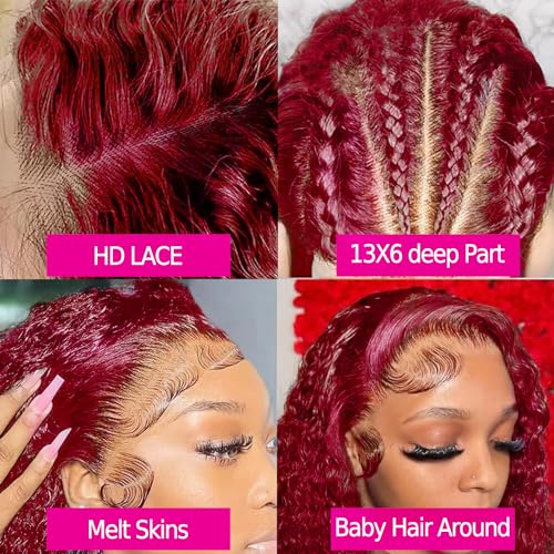 250% Density 99J Burgundy 13x6 Deep Wave HD Lace Front Wigs Human Hair for Women Glueless Burgundy Deep Curly Lace Frontal Wigs Brazilian Virgin Human Hair Wigs Pre Plucked with Baby Hair(#99j,22Inch)