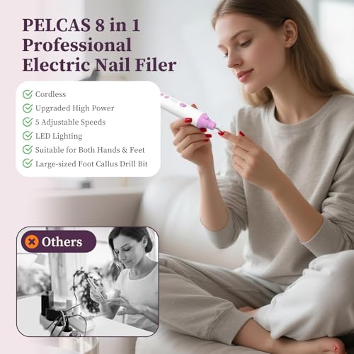 PELCAS Toenail Grinder for Thick Toenails 8 in 1 Manicure & Pedicure Kit, 5 Speeds Cordless Nail Drill with LED Light Electric Foot Callus Remover for Foot Callus, Thick Nails, Finger Nails Pink