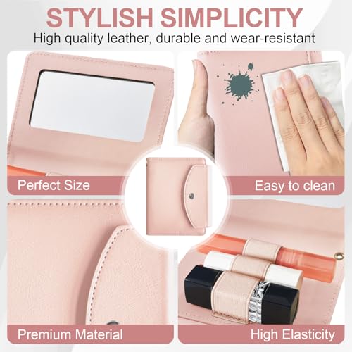 PU Lipstick Case Holder with Mirror Holds 3pcs of Long Lipsticks Keychain Holder with Clip Organizer Bag for Outside Mini Bag Pouch Gift for Women-Pink