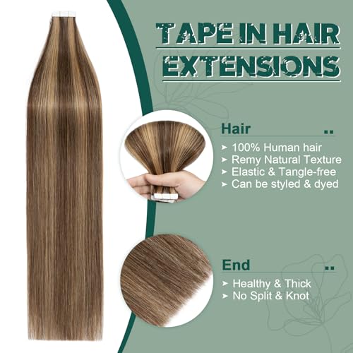 Benehair Remy Tape in Hair Extensions Human Hair Medium Brown&Dark Blonde Seamless Skin Weft Tape in Real Human Hair Extensions Straight Hair 24 Inch 100g #4P27 40pcs