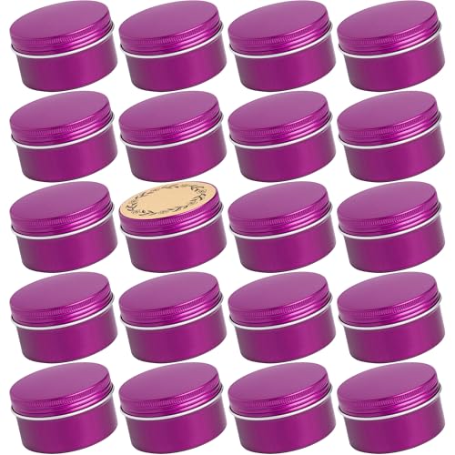 24 Pack 4oz Screw Top Aluminum Tin Jars with Screw Lids and Blank Labels - Refillable 120ml Metal Containers for Lip Balms, Candles, Salves, Spices, Crafts (Purple)