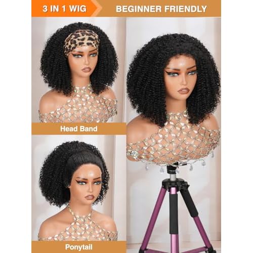 Kinky Curly Half Wig Human Hair Upgrade 4C Edge Hairline 200% Density Wear Go Glueless 3 In 1 Drawstring Seamless Flip Over Wig for Women Daily Wear Headband Wig Beginner Friendly (18 inch)
