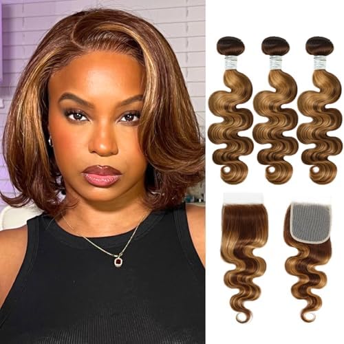 Honey Blonde Highlight Body Wave Bundles with Closure Human Hair, 12A 100% Thick Track Virgin Brazilian Wavy Weave P4/27 Ombre Brown Colored Bundles with 4x4 Closure Pre Plucked Remy 10 12 14+10