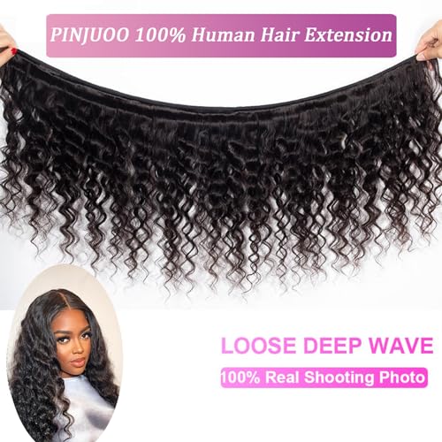 Human Hair Bundles with Closure Loose Deep Wave Bundles with Closure 20 22 24+18 Inch Long Brazilian Wavy Human Hair Extensions Natural Black Color for Women