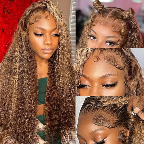 30 Inch 13x6 Deep Wave Lace Front Wigs Human Hair Pre Plucked 4/27 Highlight Ombre Colored Glueless Wigs Water Wave Honey Blonde Lace Frontal Wigs Human for Black Women with Baby Hair