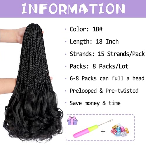 French Curl Crochet Braids 18 Inch Goddess Box Braids Crochet Hair for Women 8 Packs Pre Looped Crochet Box Braid with Curly Ends Synthetic French Curly Braiding Hair Extensions (1B#)