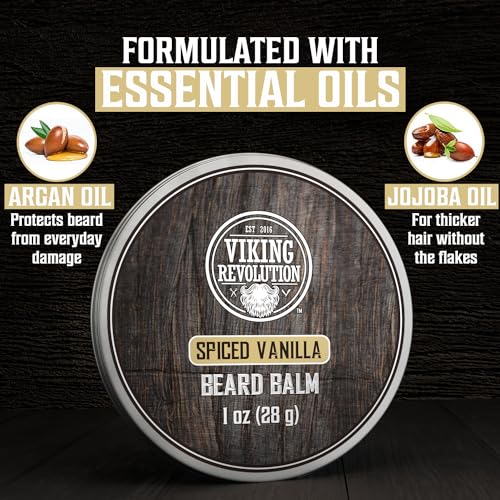 Viking Revolution 4 Beard Balm Variety Pack (1oz Each)- Spiced Vanilla, Sweet Tobacco, Majestic Oud, Citrus - Styles, Strengthens & Softens Beards & Mustaches - Leave in Conditioner Wax for Men