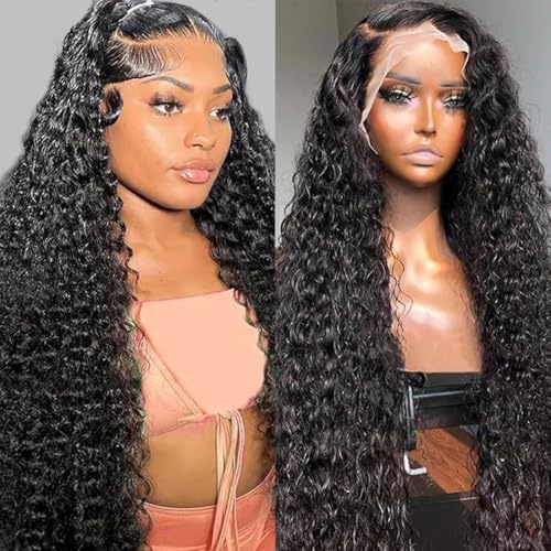 Sweetie 30 Inch Deep Wave Lace Front Wigs Human Hair 210% Density 13x4 HD Transparent Lace Frontal Wigs Deep Curly Human Hair Wig for Women 12A Deep Curly Wigs Human Hair Pre Plucked with Baby Hair