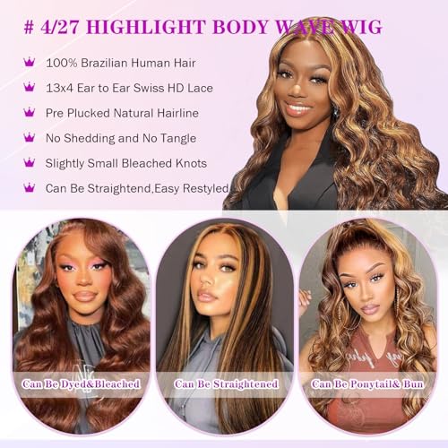 Ombre Lace Front Wig Human Hair 4/27 13x4 HD Body Wave Highlight Lace Front Wig Human Hair Pre Plucked With Baby Hair 24Inch Glueless Lace Front Wigs 180% Density