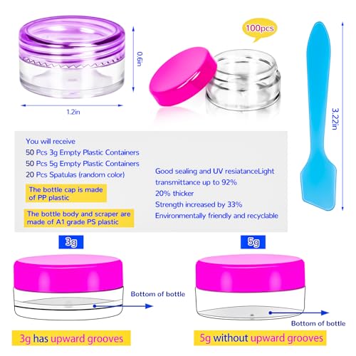 MotBach 100 Pack 3g 5g Plastic Jars Round Clear Cosmetic Containers with Lids, 3ml 5ml Travel Size Containers Sample Jars with Spatulas for Makeup Cosmetic Travel Lotion Cream Salve Balm Powder Sample