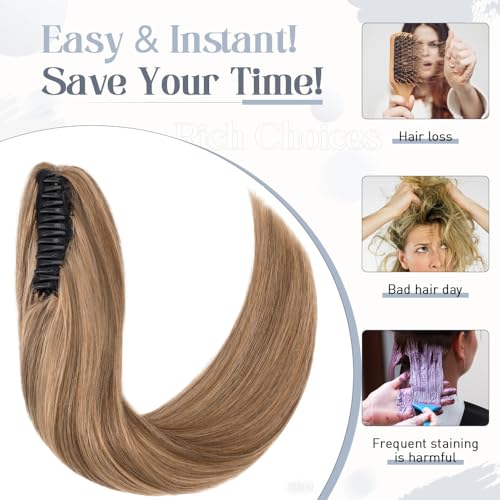 Rich Choices Claw Clip Ponytail Extension Real Human Hair One Piece Clip In Remy Long Ponytail Hair Extension For Women Human Pony tail#4P27 Medium Brown Highlighted Dark Blonde 22 Inch