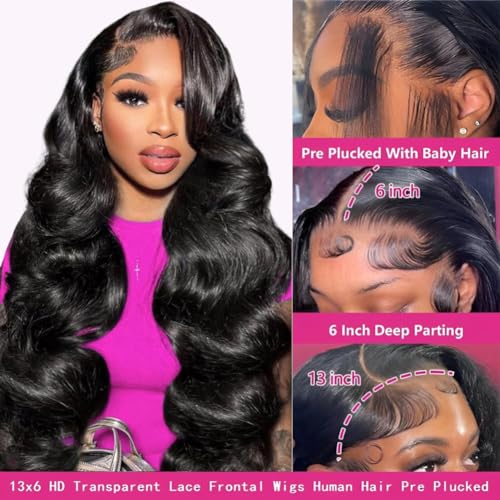 CHUDI 28 Inch 13x6 Body Wave Lace Front Wigs Human Hair 220% Density Glueless Wigs Pre Plucked Natural Hairline 13x6 HD Transparent Lace Frontal Wigs Human Hair for Women