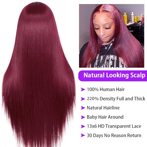 CHEETAHBEAUTY 99j Burgundy Lace Front Wigs Human Hair 24Inch 13x6 Burgundy Wig Human Hair 220% Density Brazilian Virgin Straight Human Hair Wigs for Women Pre Plucked with Baby Hair