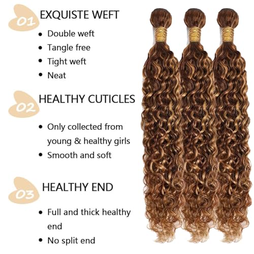 Human Hair Bundles P4/27 Highlight Water Wave Bundles Human Hair 20 22 24 Inch 12A Grade Brazilian Virgin Hair Water Wave Brown with Honey Blondy Double Weft Weave for Women