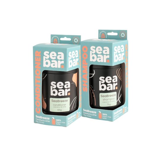 SeaBar Shampoo & Conditioner Bar Set - All Natural Hair Shampoo - Vegan, Sulfate-Free, Eco Friendly Zero Waste Reusable Packaging with Travel Containers, SeaBreeze