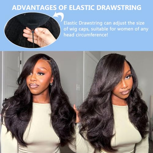 Cheetahbeauty Kinkystraight V Part Wig Human Hair with Elastic Drawstring 18 Inch No Leave Out Lace Front Wigs Upgrade Glueless U Part Wigs 180% Density Yaki Straight Half Wigs for Women Natural Color
