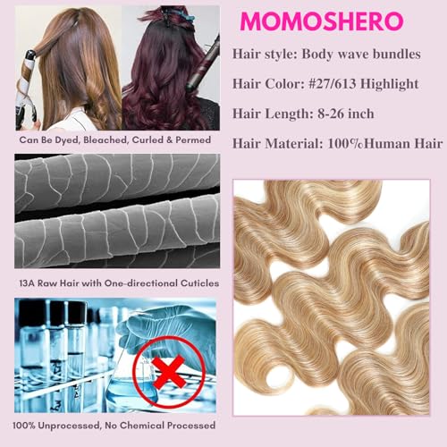 F27/613 Blonde Highlight Human Hair Bundles Body Wave, 13A Soft Honey Blonde Body Wave 3 Bundle Healthy 100% Virgin Hair #27/613 Highlight Mix Colored Wavy Weave for Women 3pcs 14 16 18 Inch