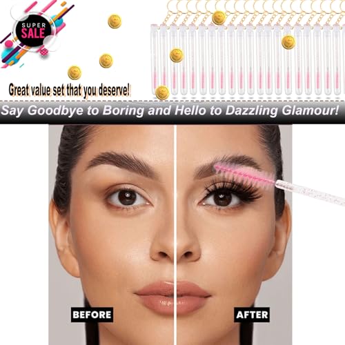 Upgrade 48 Pieces Disposable Mascara Wands Set,Mascara Brush Tube for Women and Girls- Include 24 Pcs Crystal Lash Spoolies Brush and 24 Pcs Reusable Keychain Empty Eyelash Brush Tubes(Pink)