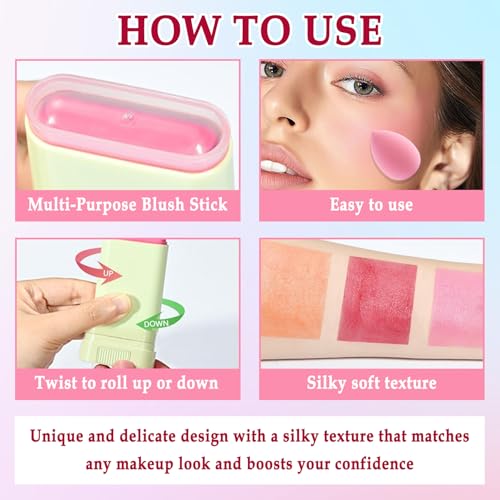 3 Colors Blush Stick with Makeup Sponges,Matte Solid Cream Blush,Multi-Use Blush Stick for Cheeks,Lips and Eye,High Pigmented Makeup Sticks Set A