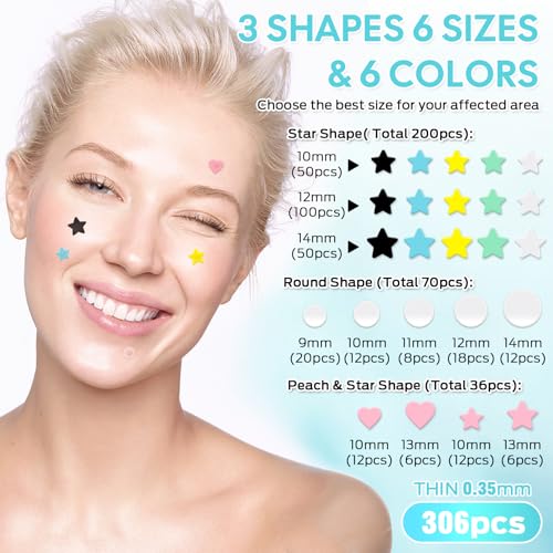 Pimple Patches,Hydrocolloid Star Pimple Patches for Face,Acne Patches for Face,Invisible Blemish Patches with Tea Tree, Salicylic Acid and Centella Asiatica 306 Count,Vegan,Suitable for All Skin Types