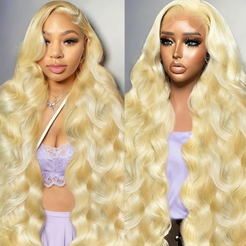 613 13x6 Lace Front Wig Human Hair 32 Inch Body Wave Blonde Wig Human Hair 13x6 200 Density HD Lace Front Wigs Real Human Hair Pre Plucked with Melted Hairline Tiny Knots Tangle Free Shedding Free