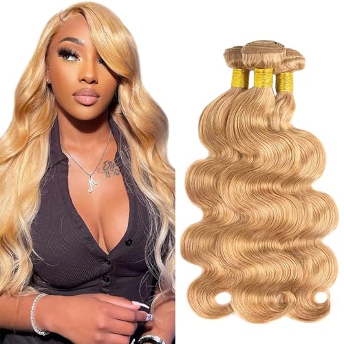 #27 Honey Blonde Bundles Human Hair Body Wave Bundles 34 34 34 Inch Unprocessed Brazilian Virgin Remy Hair 3 Bundle Blonde Body Wave Human Hair Extensions for Women 50 Gram Per Bundle